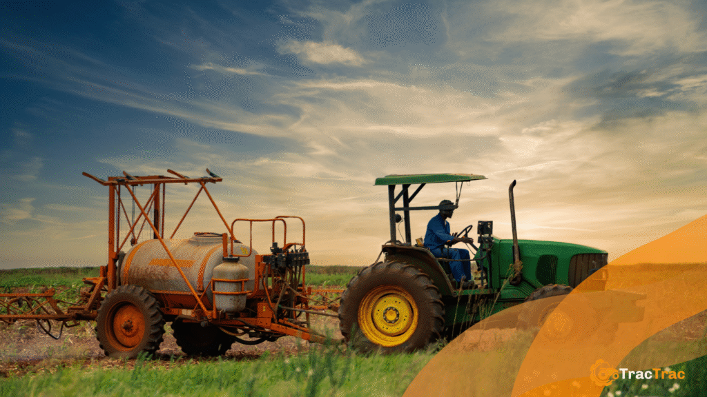 African farmer using tractor on farm